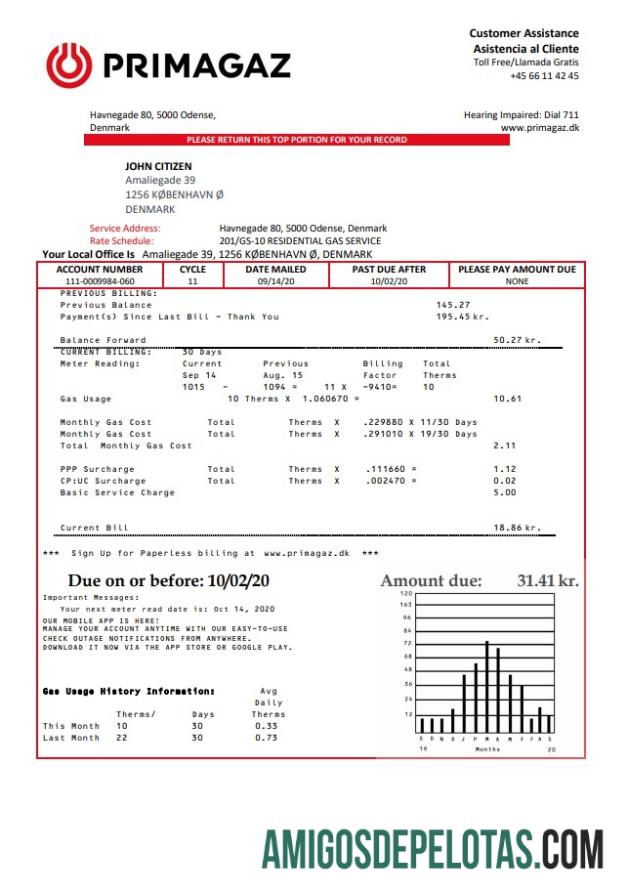 realista Modelo de fatura de serviços públicos de gás da Dinamarca Primagaz Dinamarca em formato Word e PDF